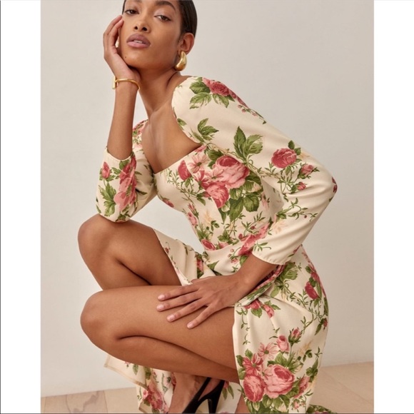 Reformation Hilda Floral Print Ruched Smocked Midi Dress In Jardin NWT Size 10 - Picture 3 of 15